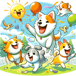 イヌが仲間と戯れている楽しそうなイラスト