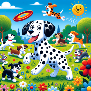 ダルメシアンが仲間と遊んでいる楽しそうなイラスト
