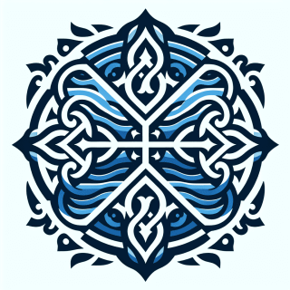 旗をモチーフにした青色基調のエンブレム