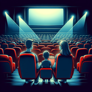 映画館で映画を見ている親子三人組のイラスト