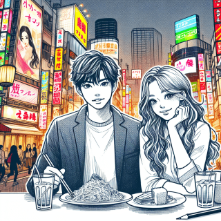 渋谷で食事をしている高校生カップル　イラスト