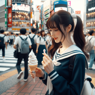 渋谷で遊んでいる女子高生がソフトクリームを食べている