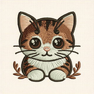 猫を茶色と白色で刺繍したかわいいイラスト