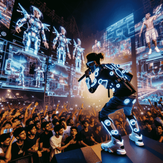 サイバー世界の野外ステージ会場でコンサートを行っているアーティスト