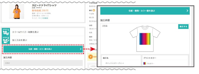 プリント位置プリント加工プリントカラーを選ぶ